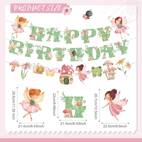 Daifunli 3 Pcs Green Fairy Birthday Banner Set - DIY Happy Birthday Decorations with Butterflies, Mushrooms, and Flowers