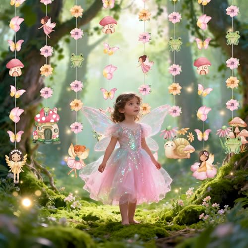 Daifunli 8-Pack Fairy Party Decorations - 45.3 inch Hanging Garlands with Butterfly, Mushroom, & Flower Cutouts
