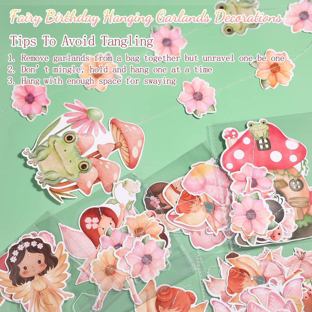 Daifunli 8-Pack Fairy Party Decorations - 45.3 inch Hanging Garlands with Butterfly, Mushroom, & Flower Cutouts