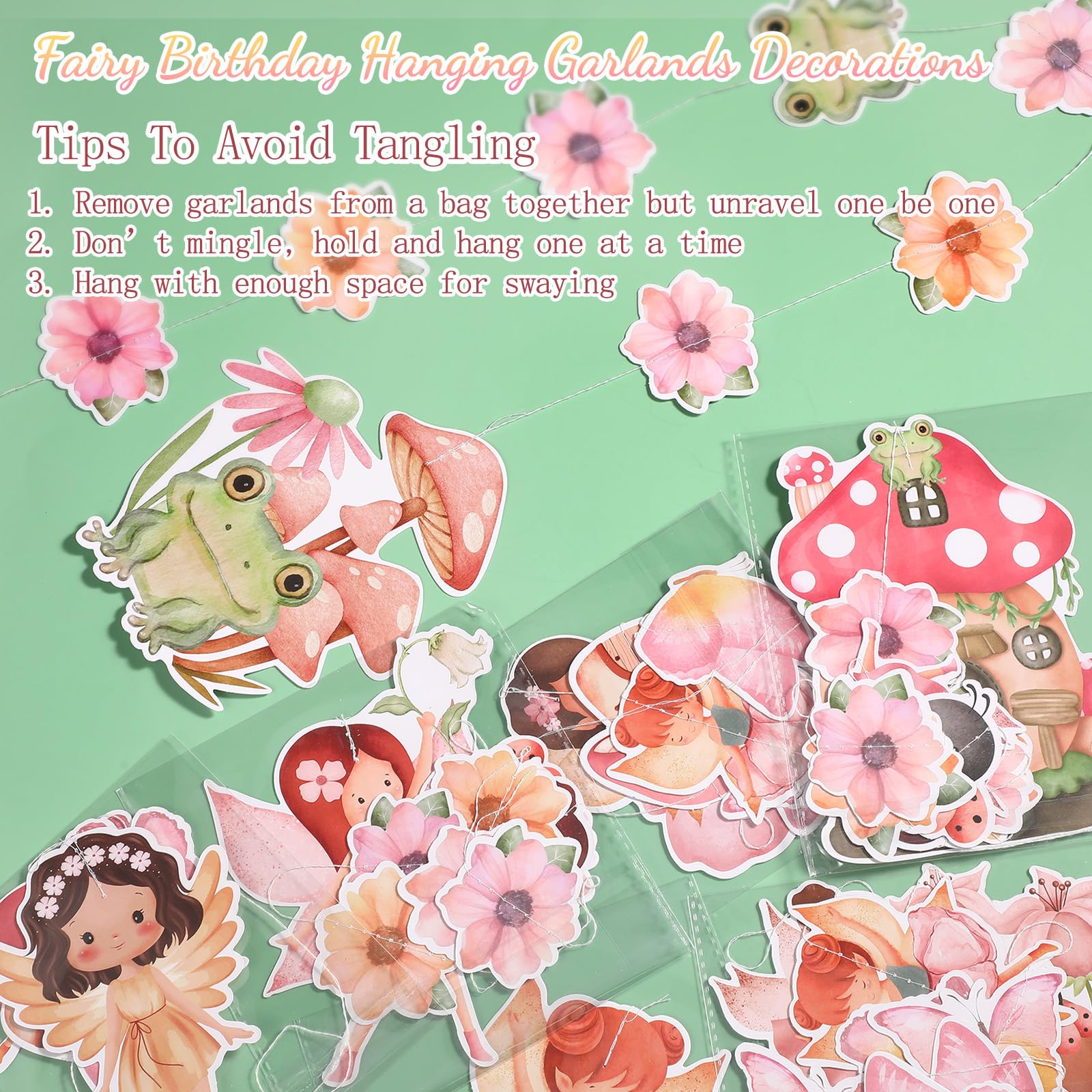 Daifunli 8-Pack Fairy Party Decorations - 45.3 inch Hanging Garlands with Butterfly, Mushroom, & Flower Cutouts
