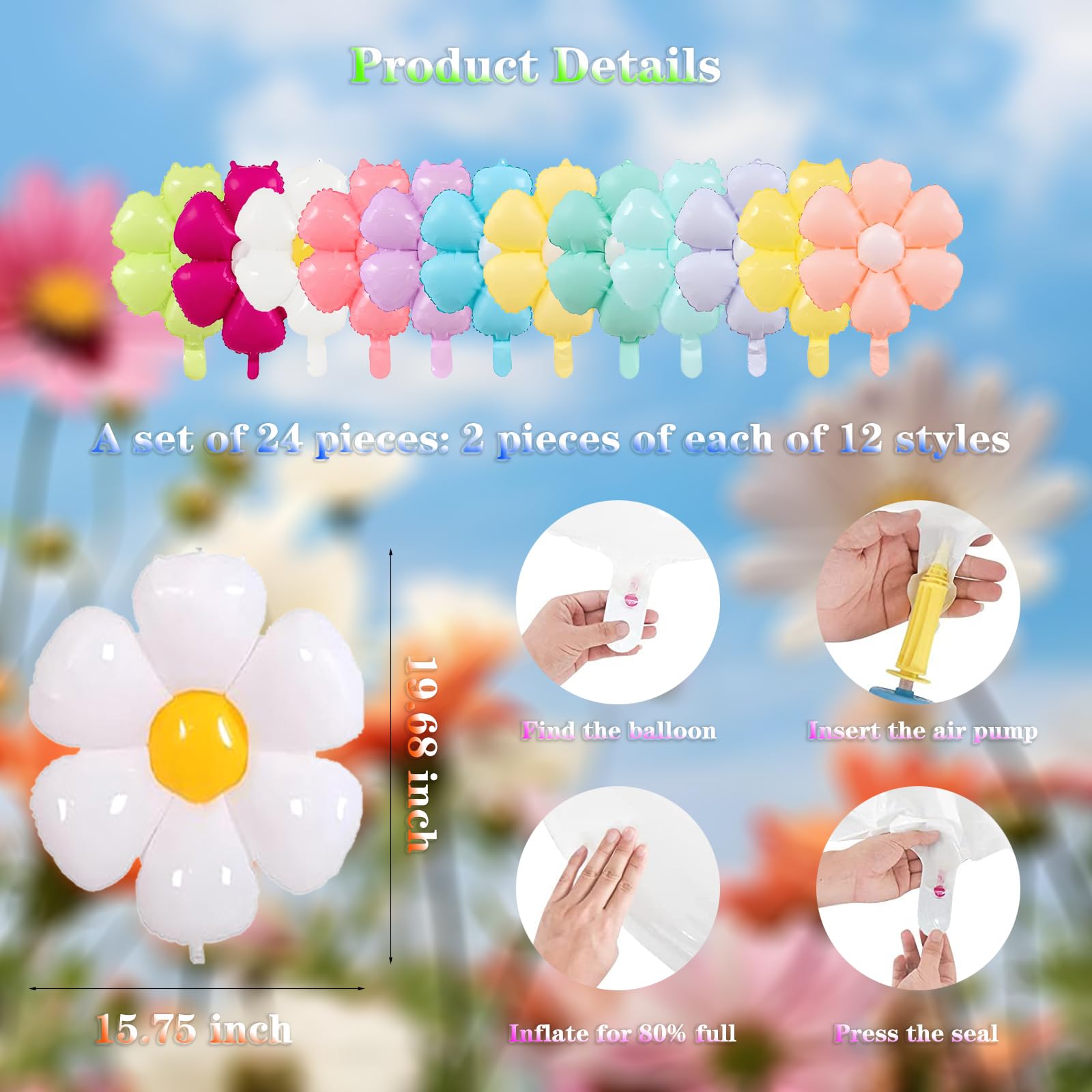 Daisy Flower Balloons 24-Pack – 12 Bright Colors Aluminum Foil for Party Decor