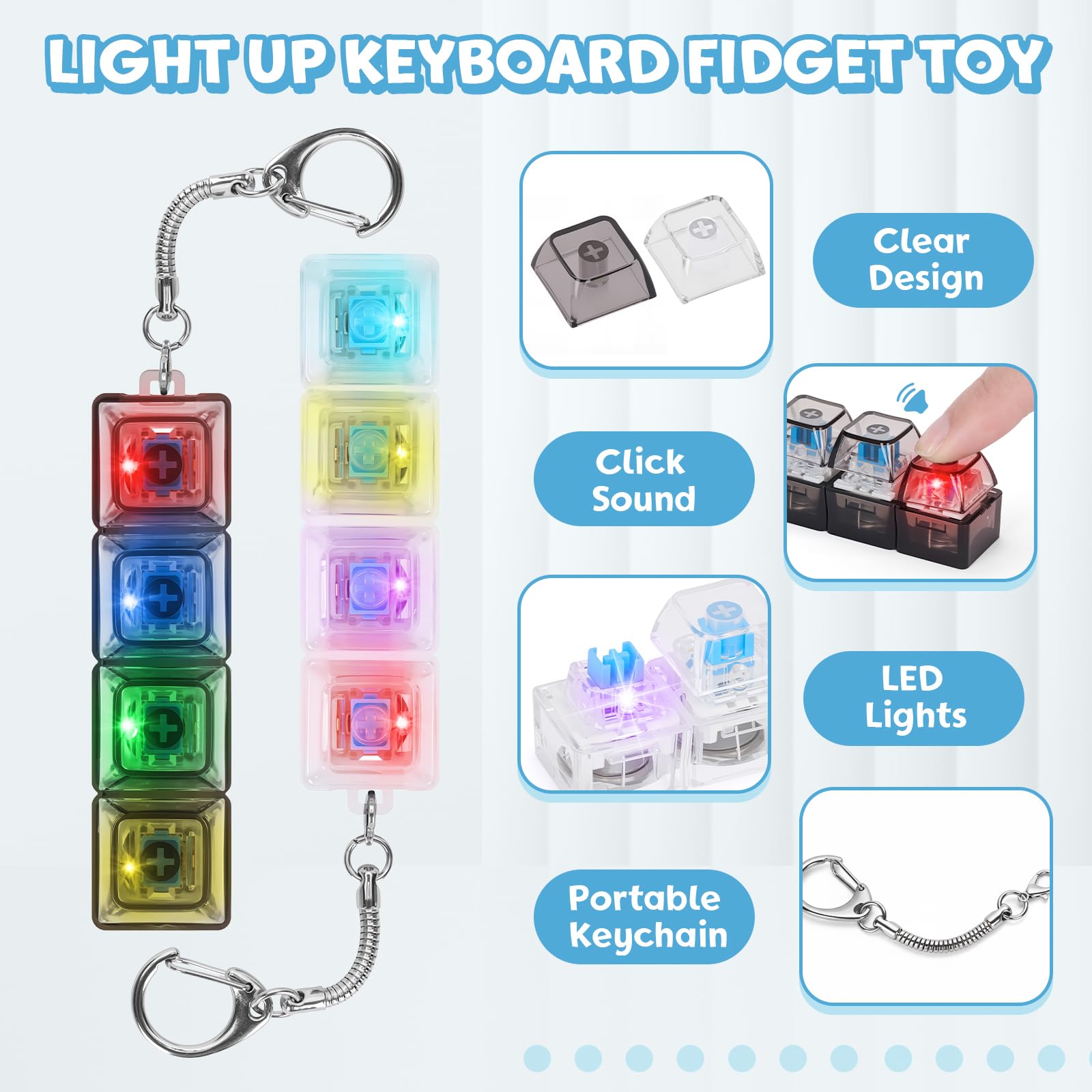 Dalycro 2-Pack Keyboard Fidget Toy Keychain – LED Light & Click Sound for Anxiety Relief (Black/Blue & White/Purple)
