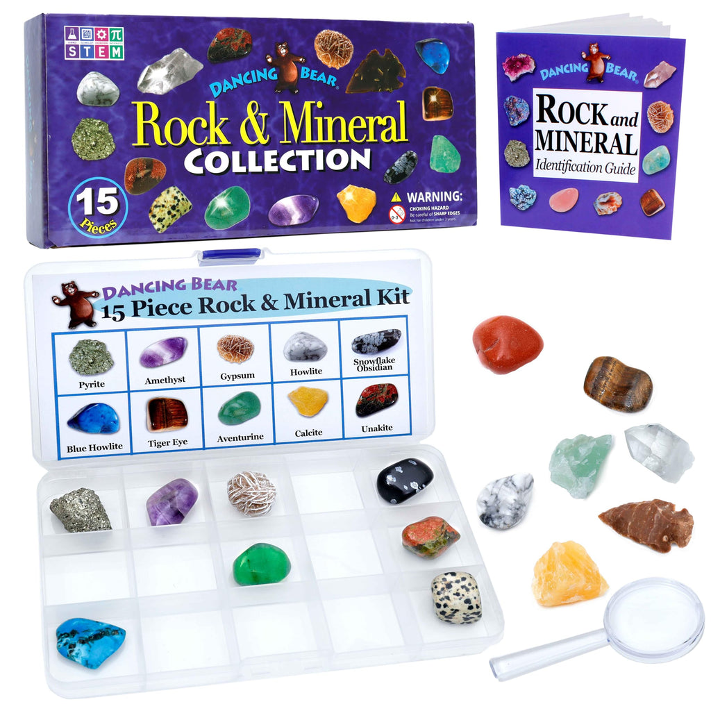 DANCING BEAR Rock and Mineral Collection – 15 Specimens with Display Box, ID Sheet, and Magnifying Glass