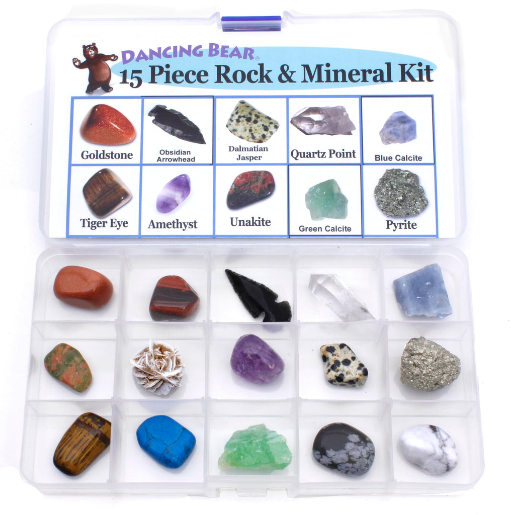 DANCING BEAR Rock and Mineral Collection – 15 Specimens with Display Box, ID Sheet, and Magnifying Glass