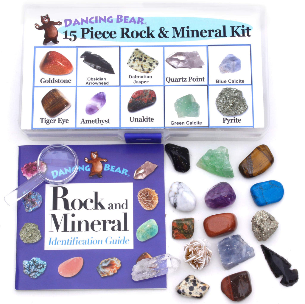 DANCING BEAR Rock and Mineral Collection – 15 Specimens with Display Box, ID Sheet, and Magnifying Glass