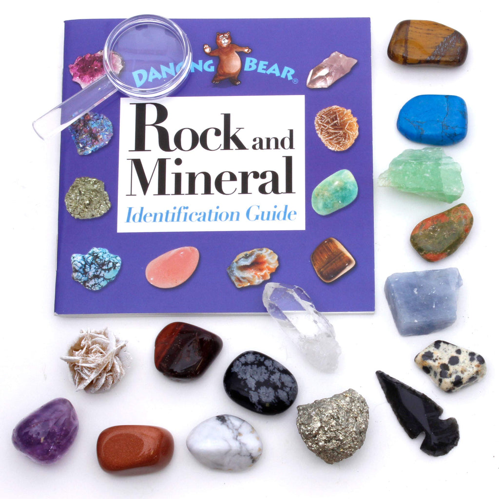 DANCING BEAR Rock and Mineral Collection – 15 Specimens with Display Box, ID Sheet, and Magnifying Glass