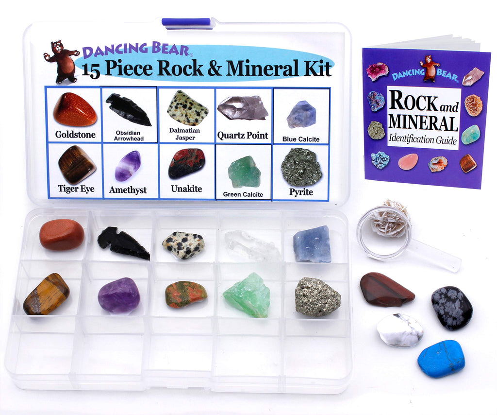 DANCING BEAR Rock and Mineral Collection – 15 Specimens with Display Box, ID Sheet, and Magnifying Glass