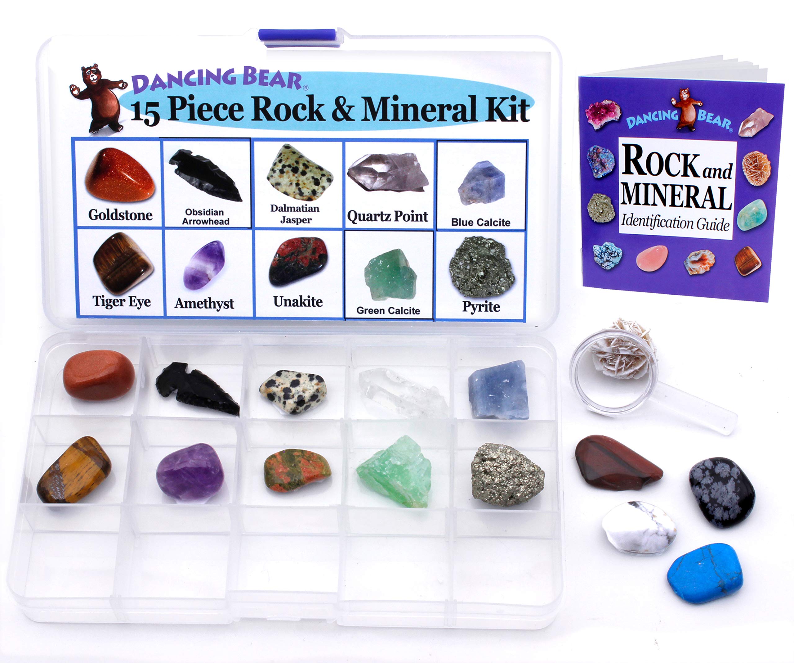 DANCING BEAR Rock and Mineral Collection – 15 Specimens with Display Box, ID Sheet, and Magnifying Glass