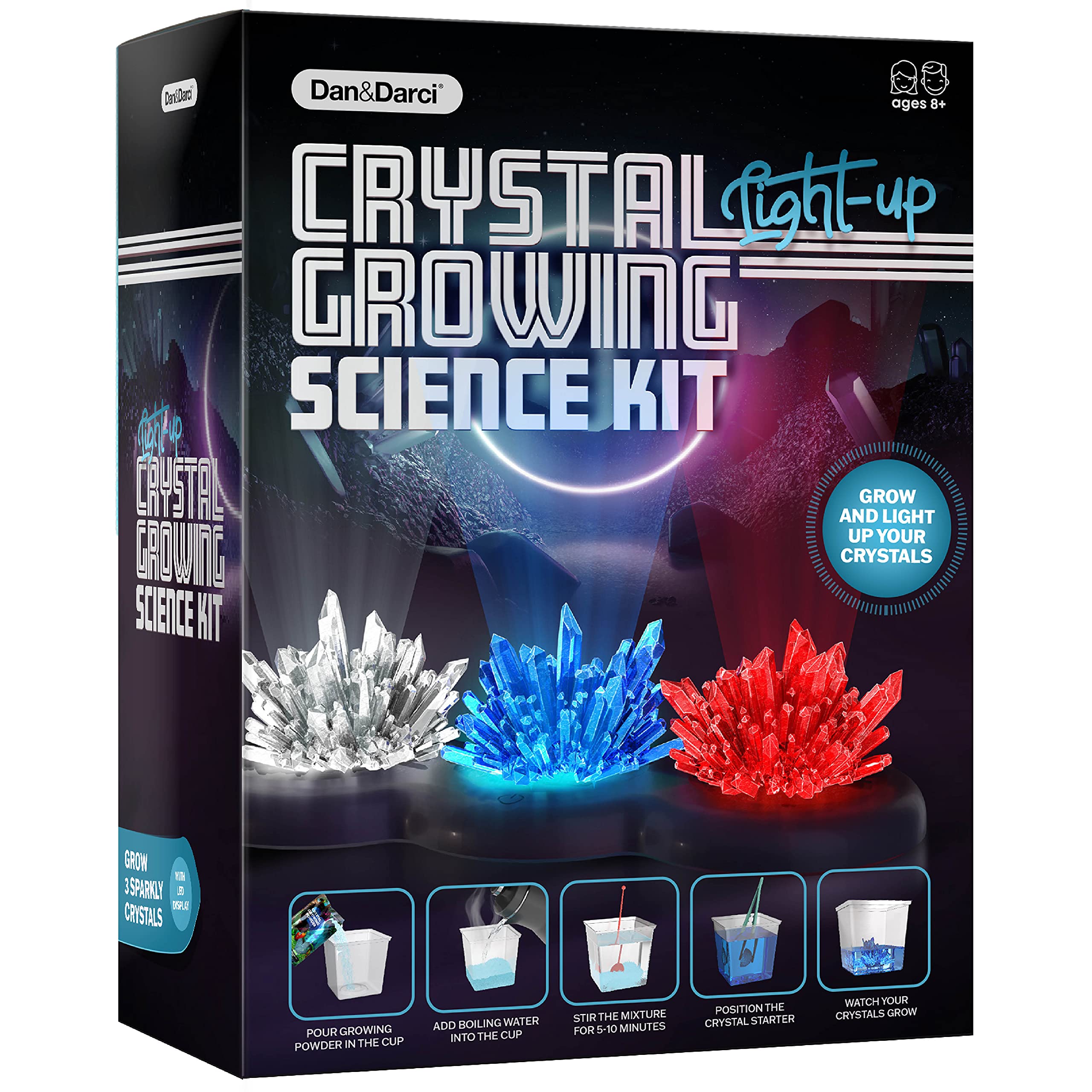 Dan&Darci Light-up Crystal Growing Kit - STEM Science Experiment for Kids Ages 6-12, Grow Red Blue Clear Crystals with LED Display