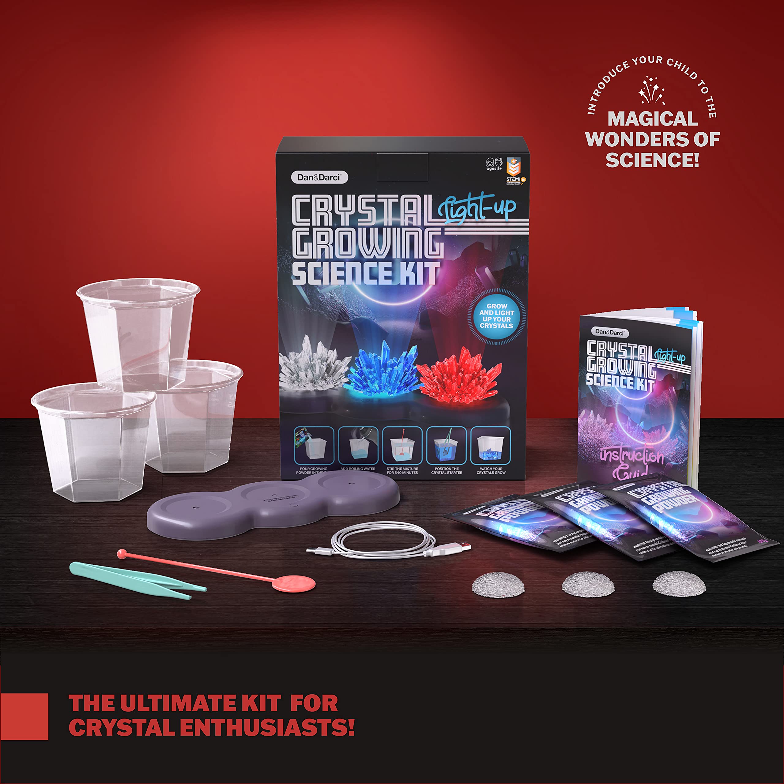 Dan&Darci Light-up Crystal Growing Kit - STEM Science Experiment for Kids Ages 6-12, Grow Red Blue Clear Crystals with LED Display