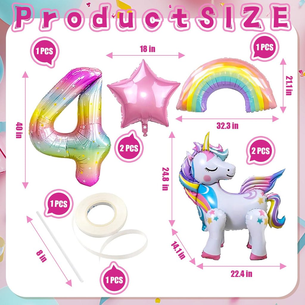 DANIUBE 6-Piece Unicorn Balloon Set – Self-Standing Unicorn, Rainbow, Number 4 & Star Foil Balloons for Girl's 4th Birthday Party Decorations