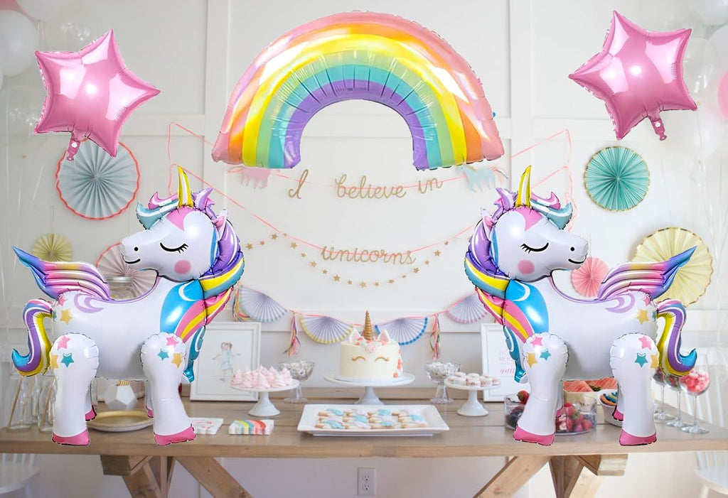 DANIUBE 6-Piece Unicorn Balloon Set – Self-Standing Unicorn, Rainbow, Number 4 & Star Foil Balloons for Girl's 4th Birthday Party Decorations