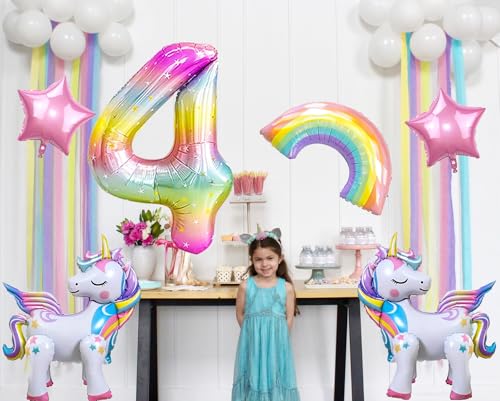 DANIUBE 6-Piece Unicorn Balloon Set – Self-Standing Unicorn, Rainbow, Number 4 & Star Foil Balloons for Girl's 4th Birthday Party Decorations
