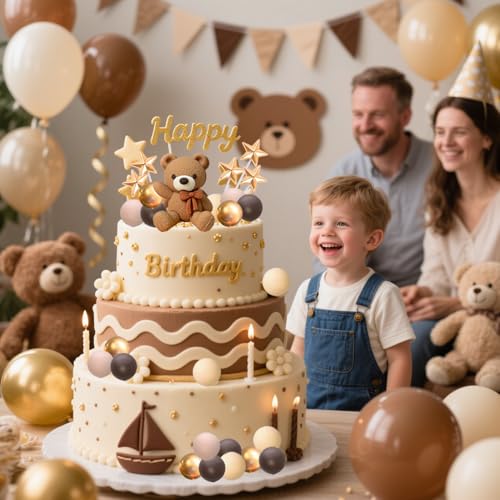 Dark Brown Bear Cake Toppers Set with Stars and Balls - 2-Inch Resin Bears for Birthday and Baby Shower Cakes