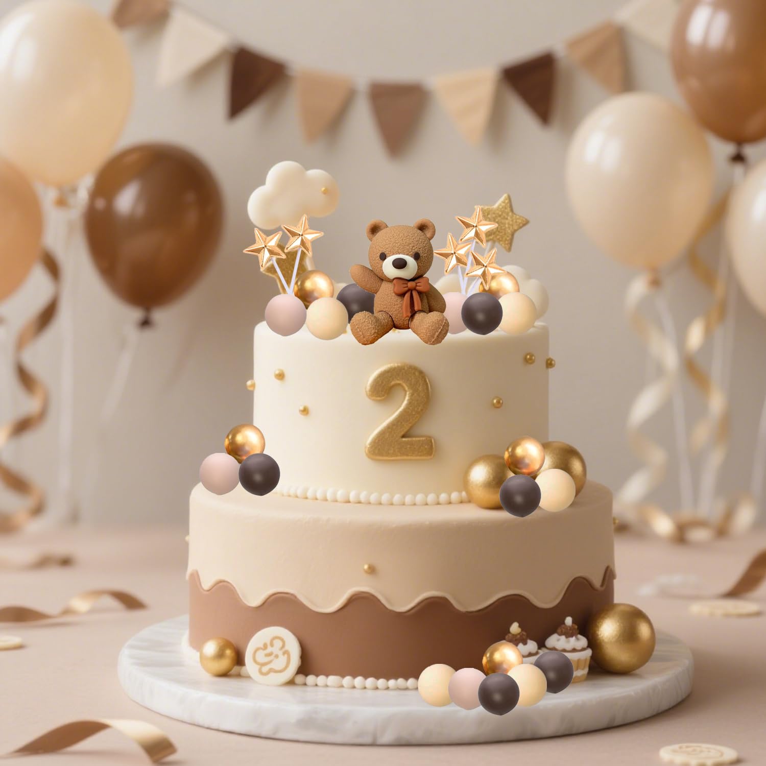 Dark Brown Bear Cake Toppers Set with Stars and Balls - 2-Inch Resin Bears for Birthday and Baby Shower Cakes