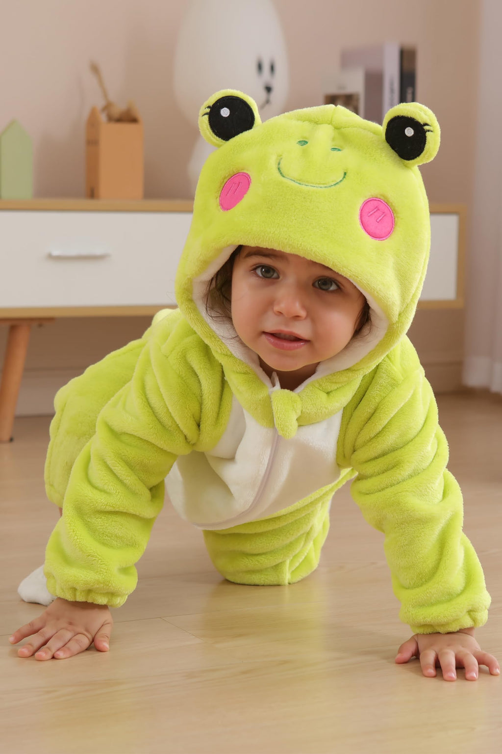 DarkCom Unisex Baby Frog Costume Onesie – Soft Flannel Hooded Romper for Halloween, Christmas & Daily Wear