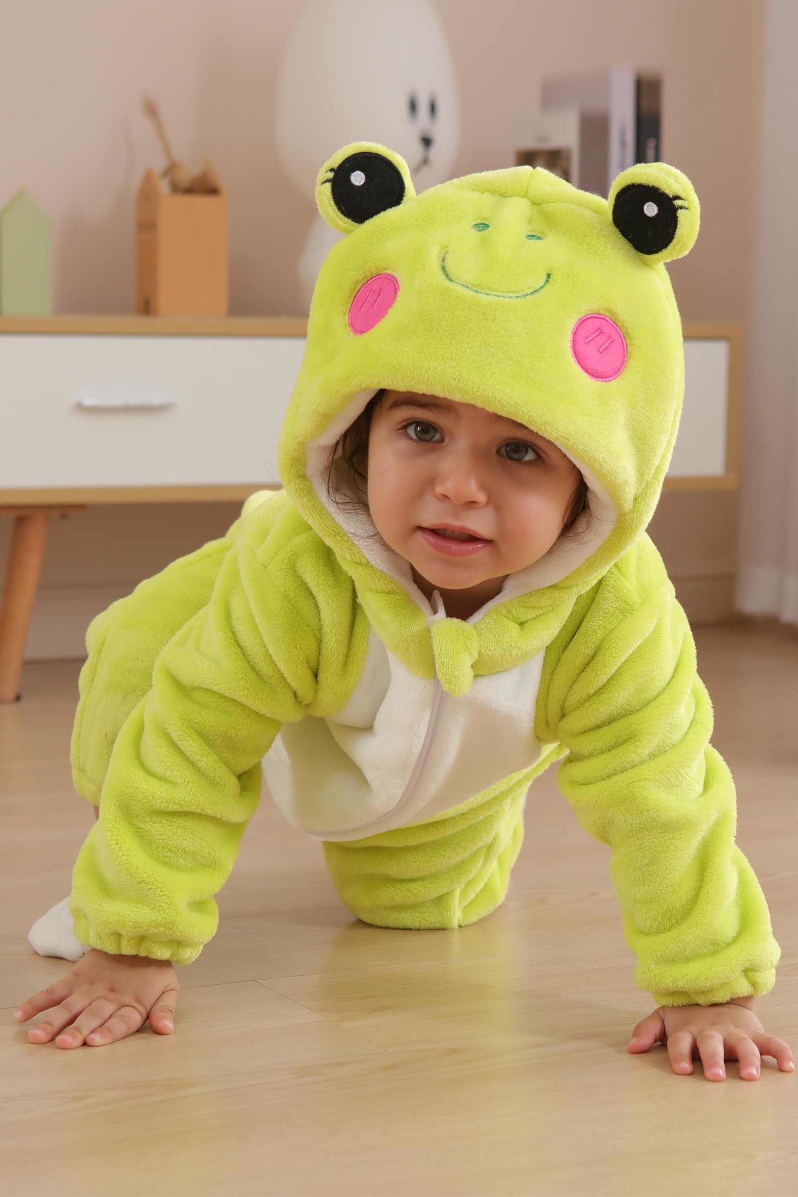DarkCom Unisex Baby Frog Costume Onesie – Soft Flannel Hooded Romper for Halloween, Christmas & Daily Wear