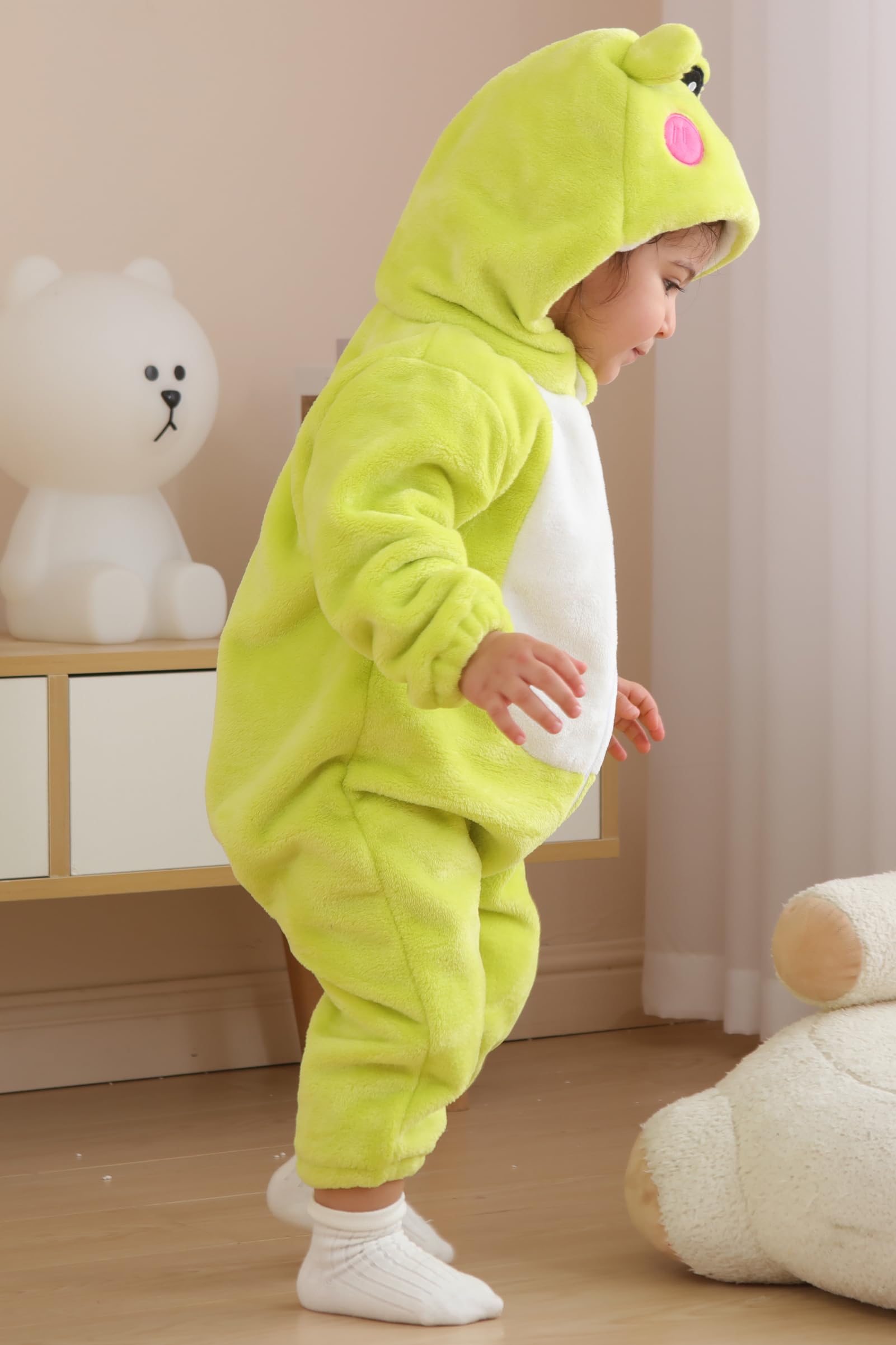 DarkCom Unisex Baby Frog Costume Onesie – Soft Flannel Hooded Romper for Halloween, Christmas & Daily Wear