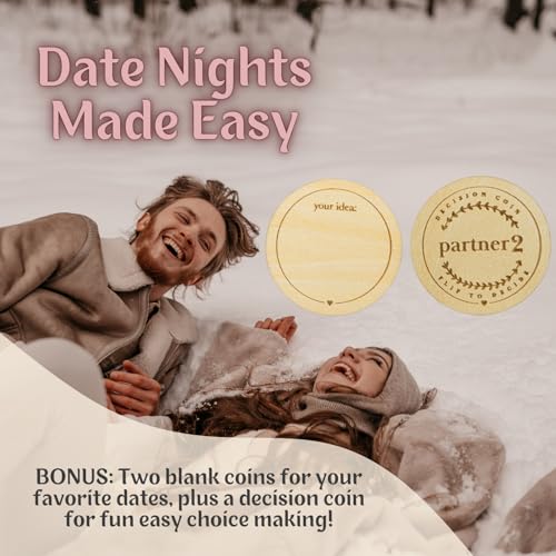 Date Night Box Game - 52 Romantic Ideas + Personalized Dates & Decision Maker Coin - Wooden Anniversary Gift for Couples