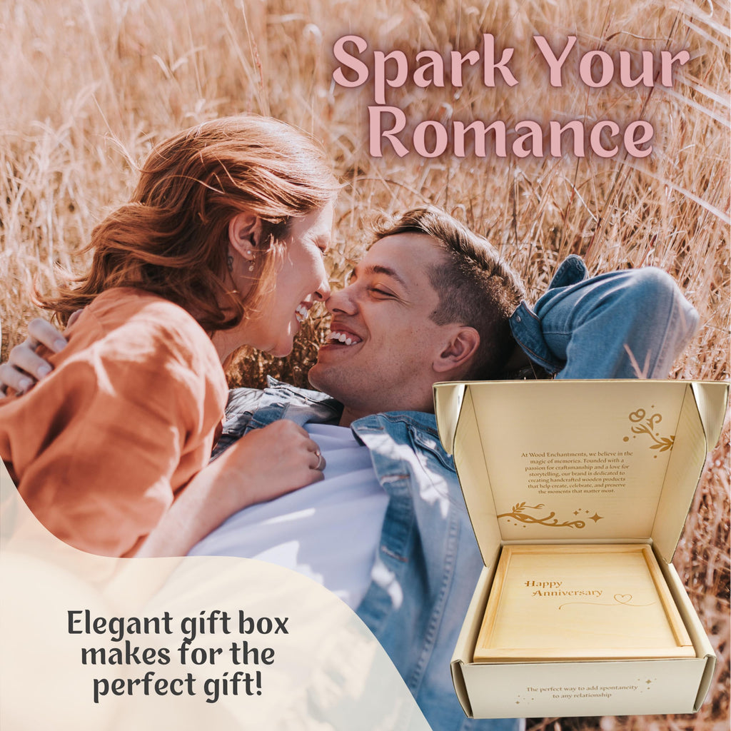 Date Night Box Game - 52 Romantic Ideas + Personalized Dates & Decision Maker Coin - Wooden Anniversary Gift for Couples