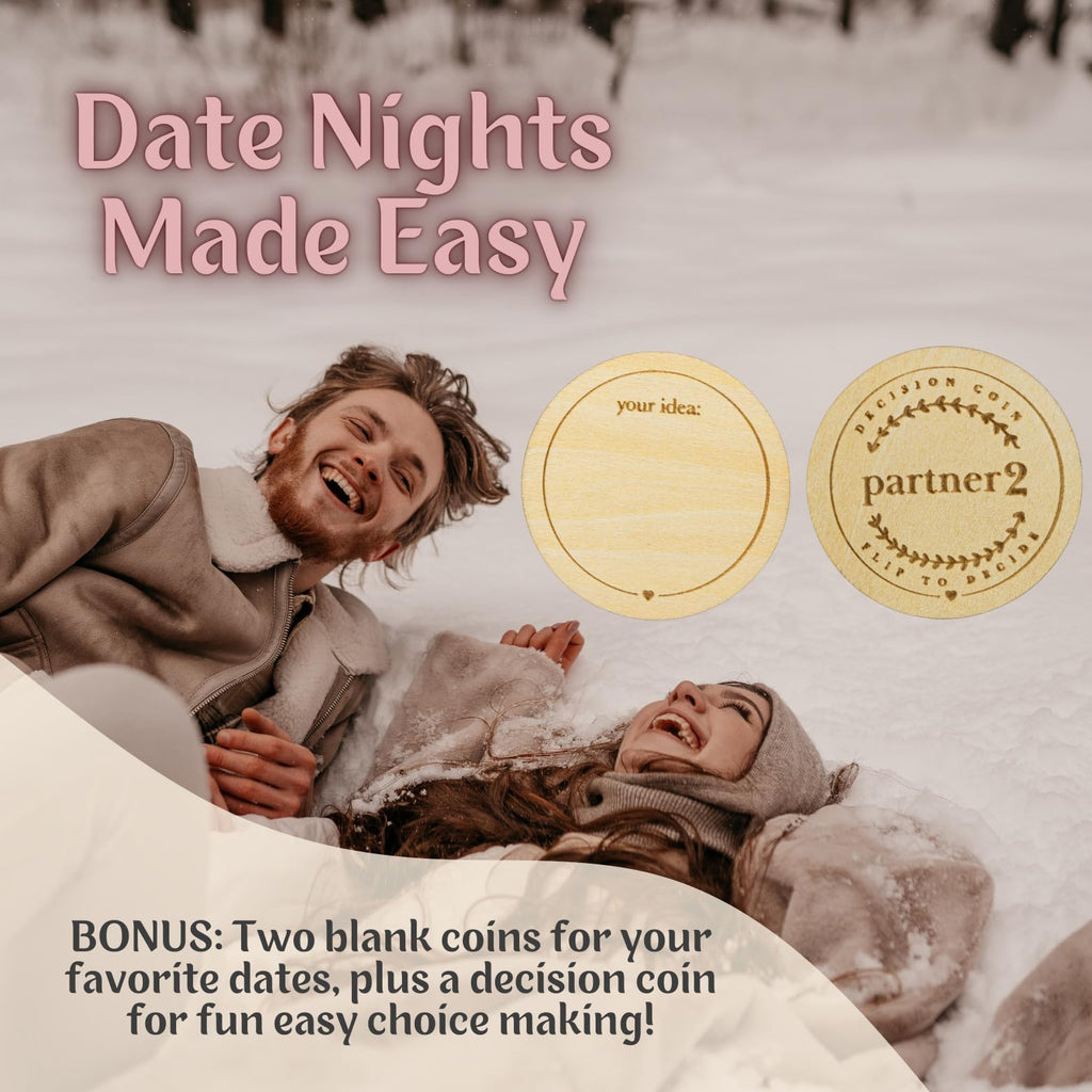 Date Night Box Game - 52 Romantic Ideas + Personalized Dates & Decision Maker Coin - Wooden Anniversary Gift for Couples