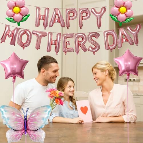 DECGOL Mother's Day Balloon Set – 16" Banner, 18" Stars, Sunflowers & Butterfly Balloons with Ribbon
