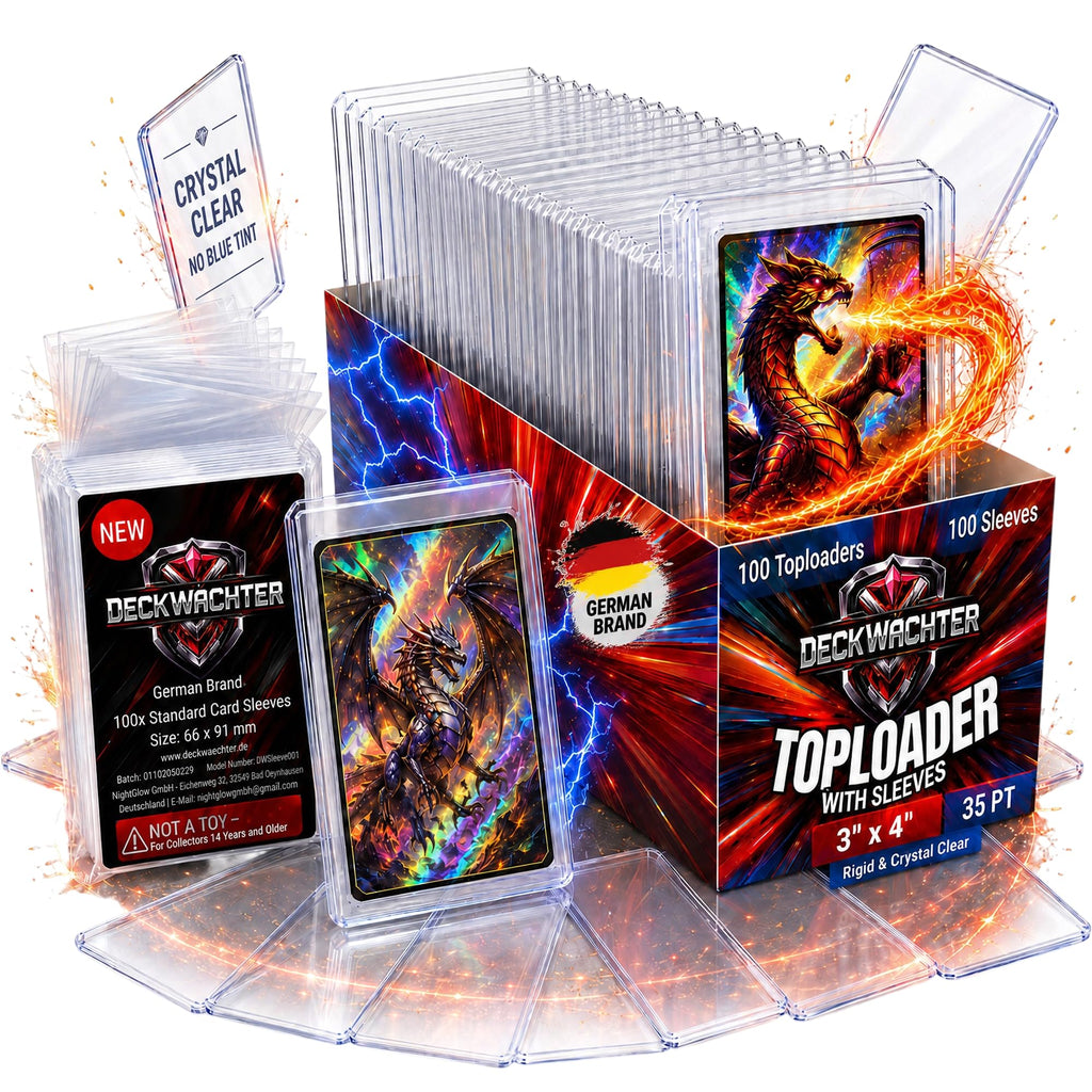 DeckWächter 100 Top Loaders + 100 Penny Sleeves – 35PT Clear Hard Plastic Protectors for Standard Trading Cards (3x4 inches)