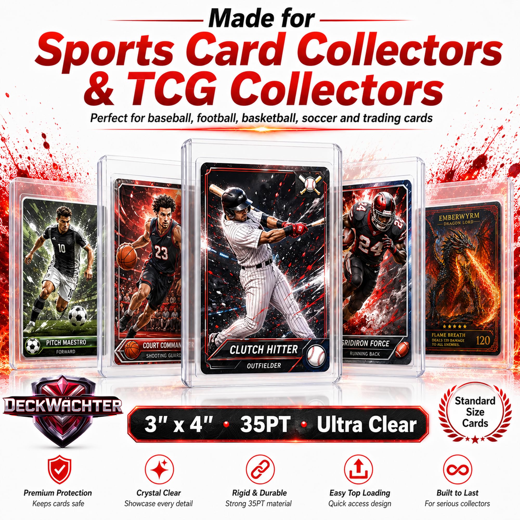 DeckWächter 100 Top Loaders + 100 Penny Sleeves – 35PT Clear Hard Plastic Protectors for Standard Trading Cards (3x4 inches)