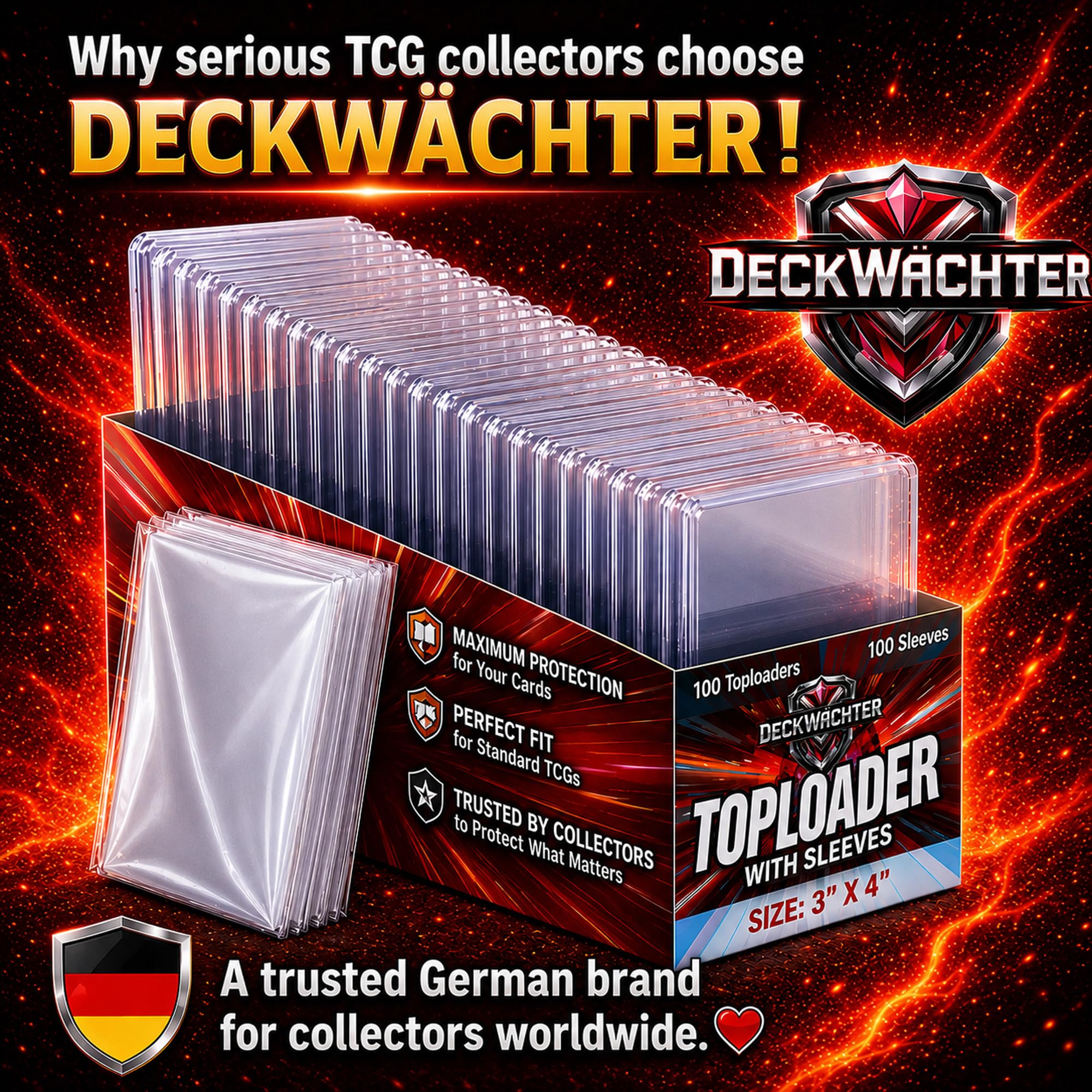 DeckWächter 100 Top Loaders + 100 Penny Sleeves – 35PT Clear Hard Plastic Protectors for Standard Trading Cards (3x4 inches)