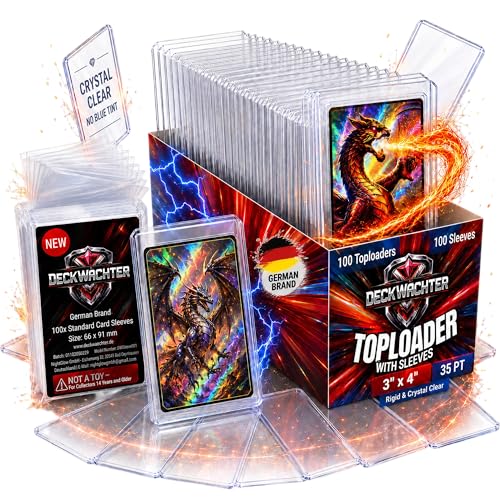 DeckWächter 100 Top Loaders + 100 Penny Sleeves – 35PT Clear Hard Plastic Protectors for Standard Trading Cards (3x4 inches)