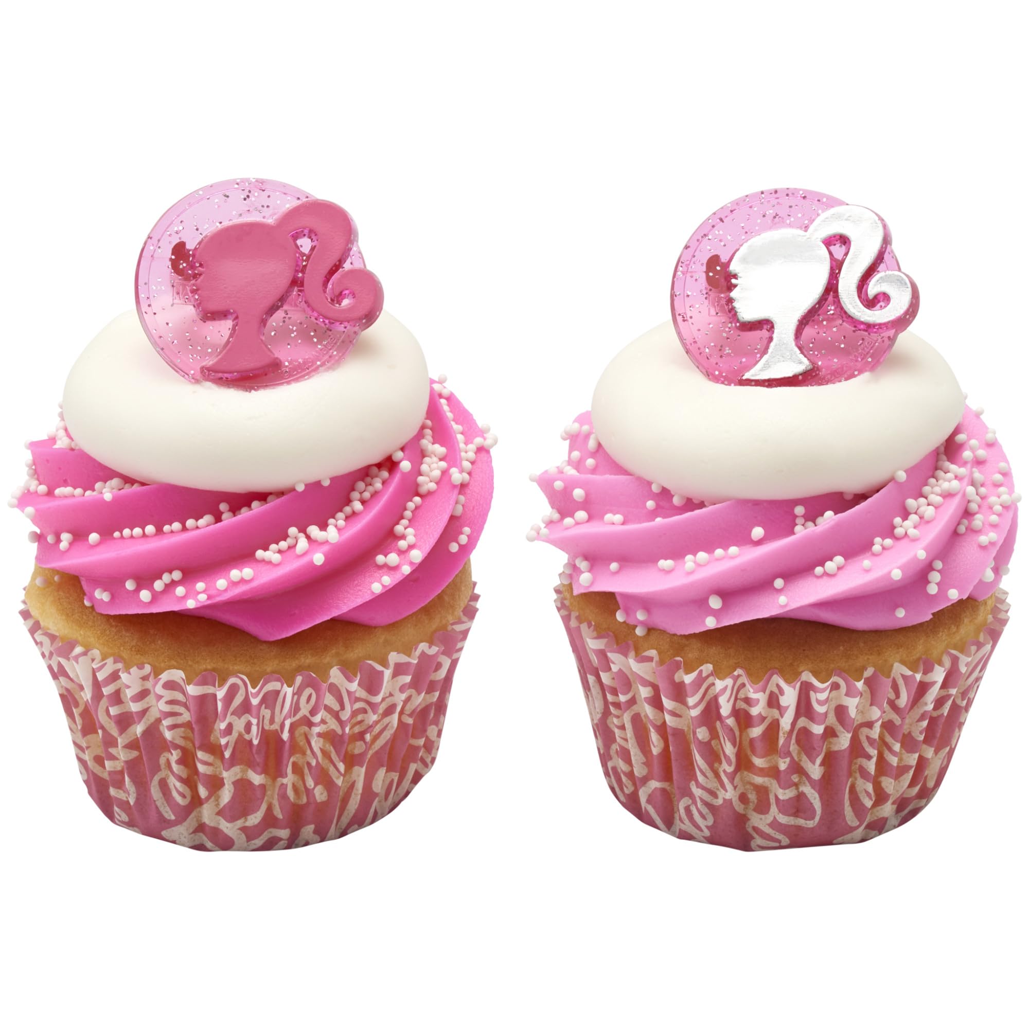DecoPac Barbie Silhouette Cupcake Rings - 24 Pack of Pink Glitter Cake Toppers for Birthdays and Parties