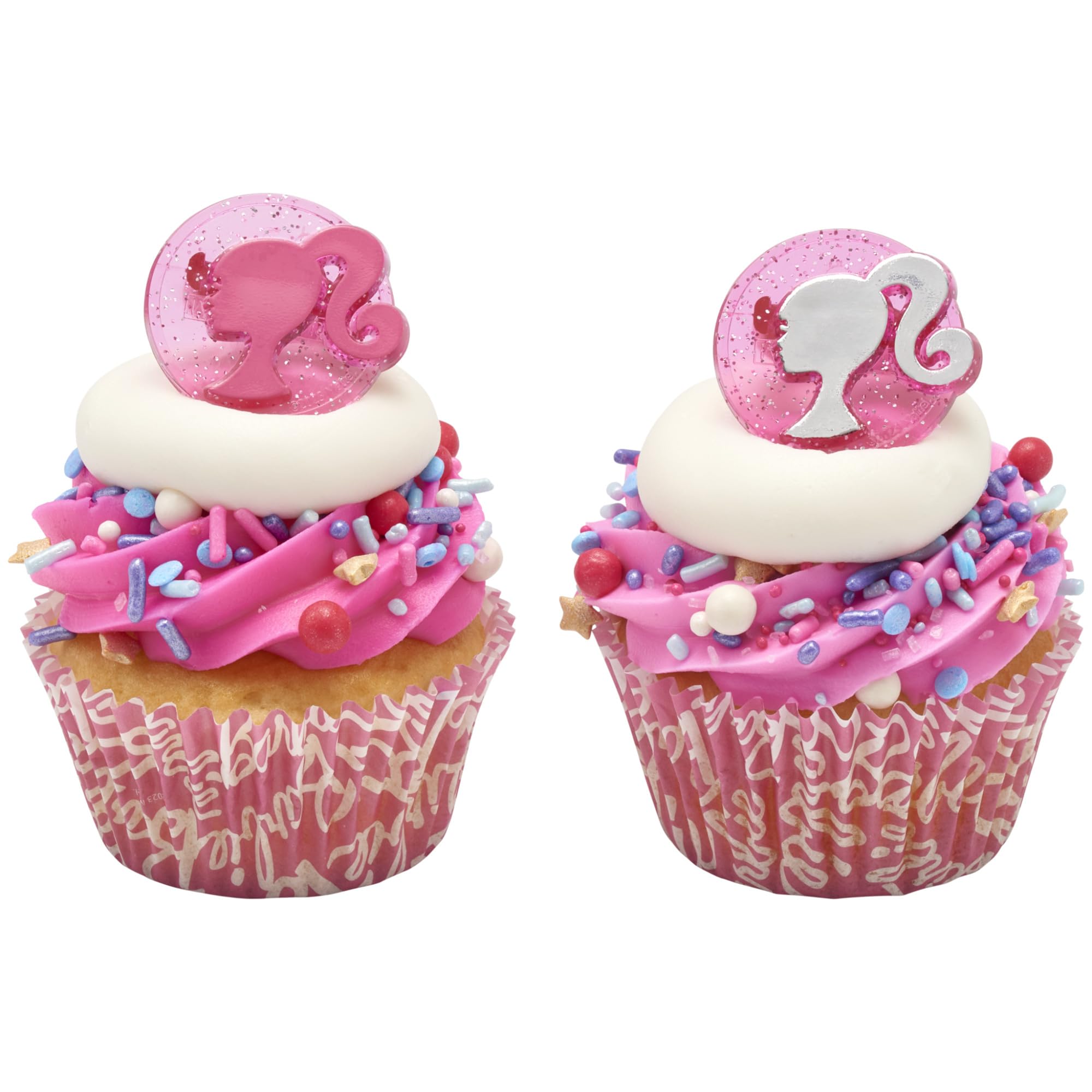 DecoPac Barbie Silhouette Cupcake Rings - 24 Pack of Pink Glitter Cake Toppers for Birthdays and Parties