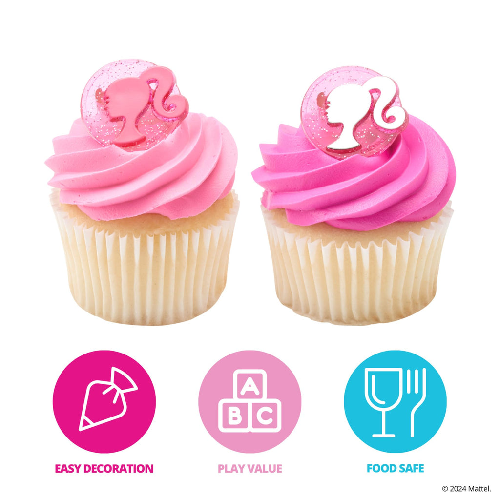 DecoPac Barbie Silhouette Cupcake Rings - 24 Pack of Pink Glitter Cake Toppers for Birthdays and Parties