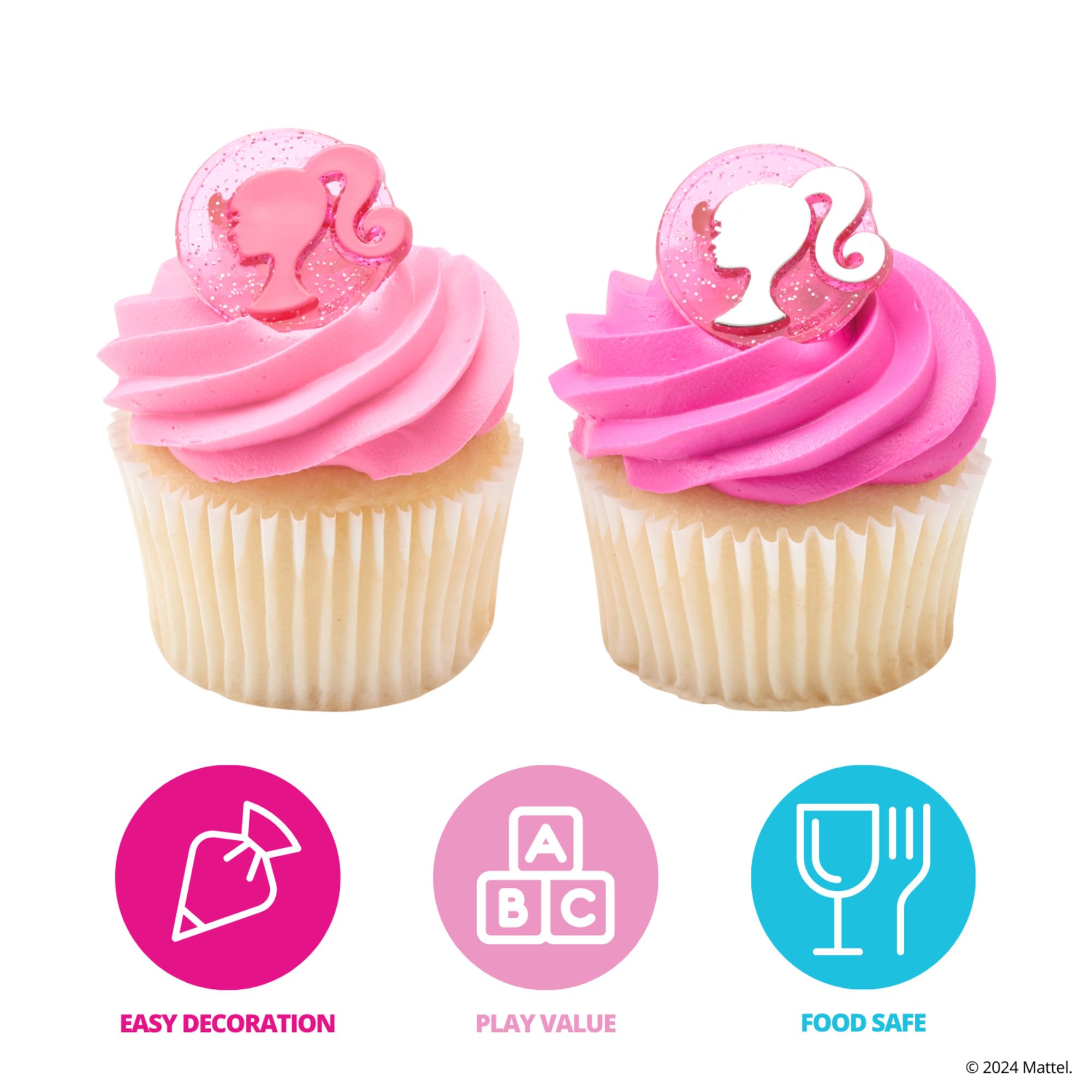 DecoPac Barbie Silhouette Cupcake Rings - 24 Pack of Pink Glitter Cake Toppers for Birthdays and Parties