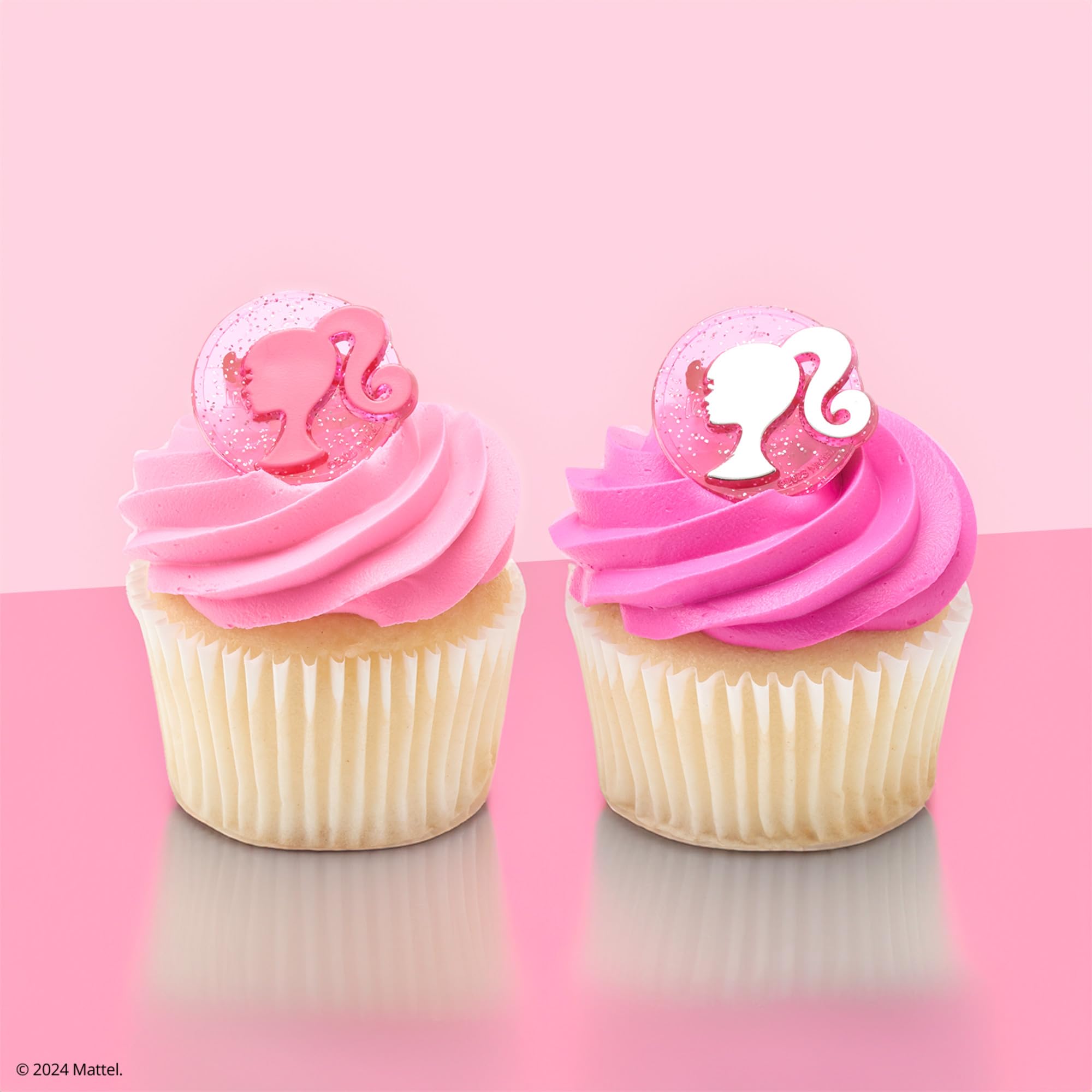 DecoPac Barbie Silhouette Cupcake Rings - 24 Pack of Pink Glitter Cake Toppers for Birthdays and Parties