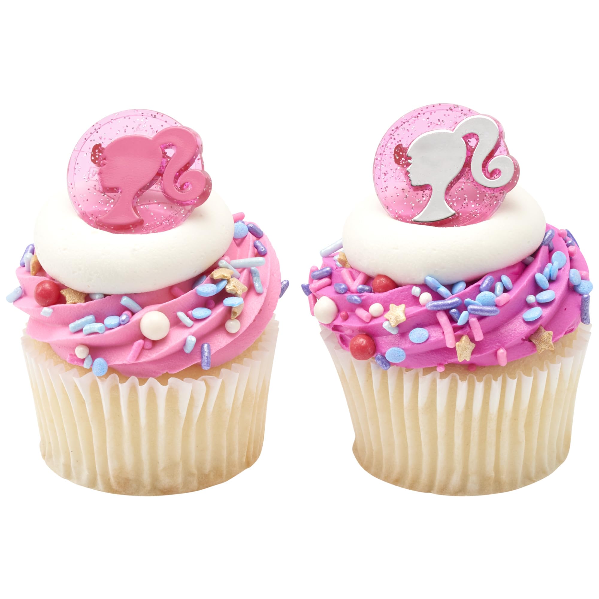 DecoPac Barbie Silhouette Cupcake Rings - 24 Pack of Pink Glitter Cake Toppers for Birthdays and Parties