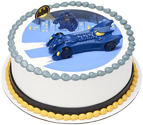 DecoPac Batman Into Action Cake Topper Set – 3-Piece with Batmobile and Pics