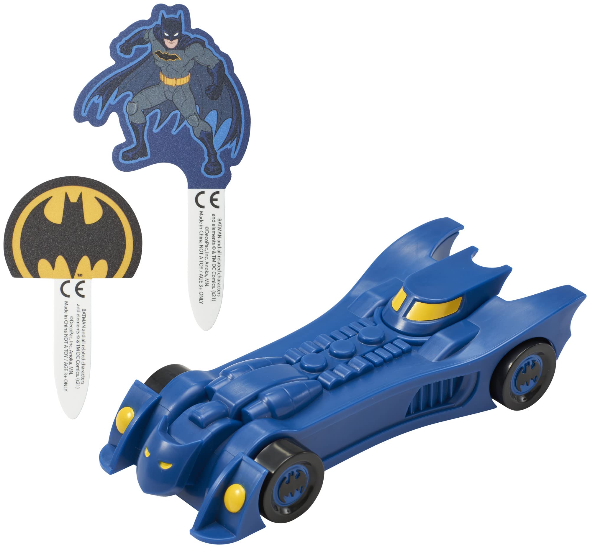DecoPac Batman Into Action Cake Topper Set – 3-Piece with Batmobile and Pics