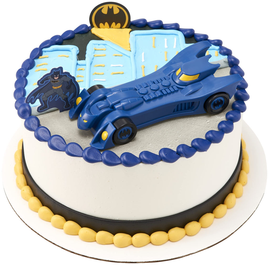 DecoPac Batman Into Action Cake Topper Set – 3-Piece with Batmobile and Pics