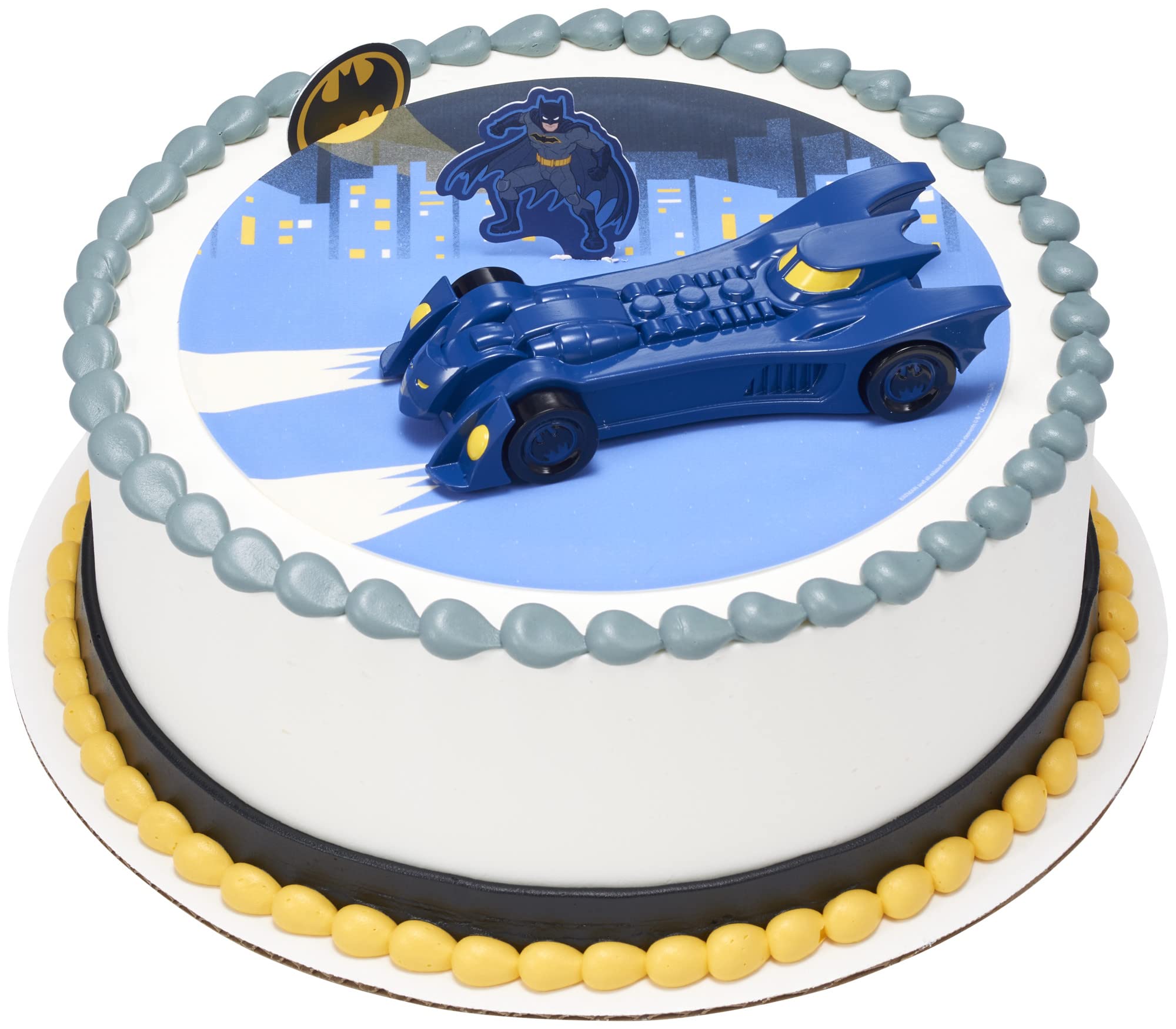 DecoPac Batman Into Action Cake Topper Set – 3-Piece with Batmobile and Pics