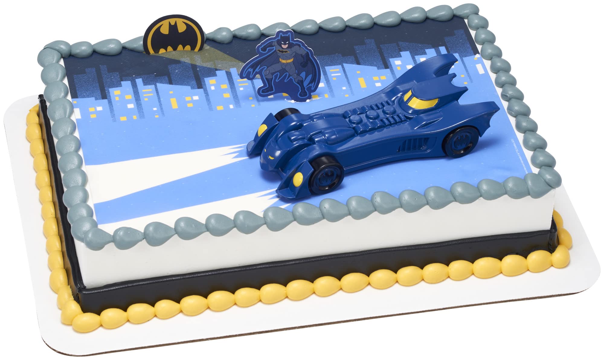 DecoPac Batman Into Action Cake Topper Set – 3-Piece with Batmobile and Pics