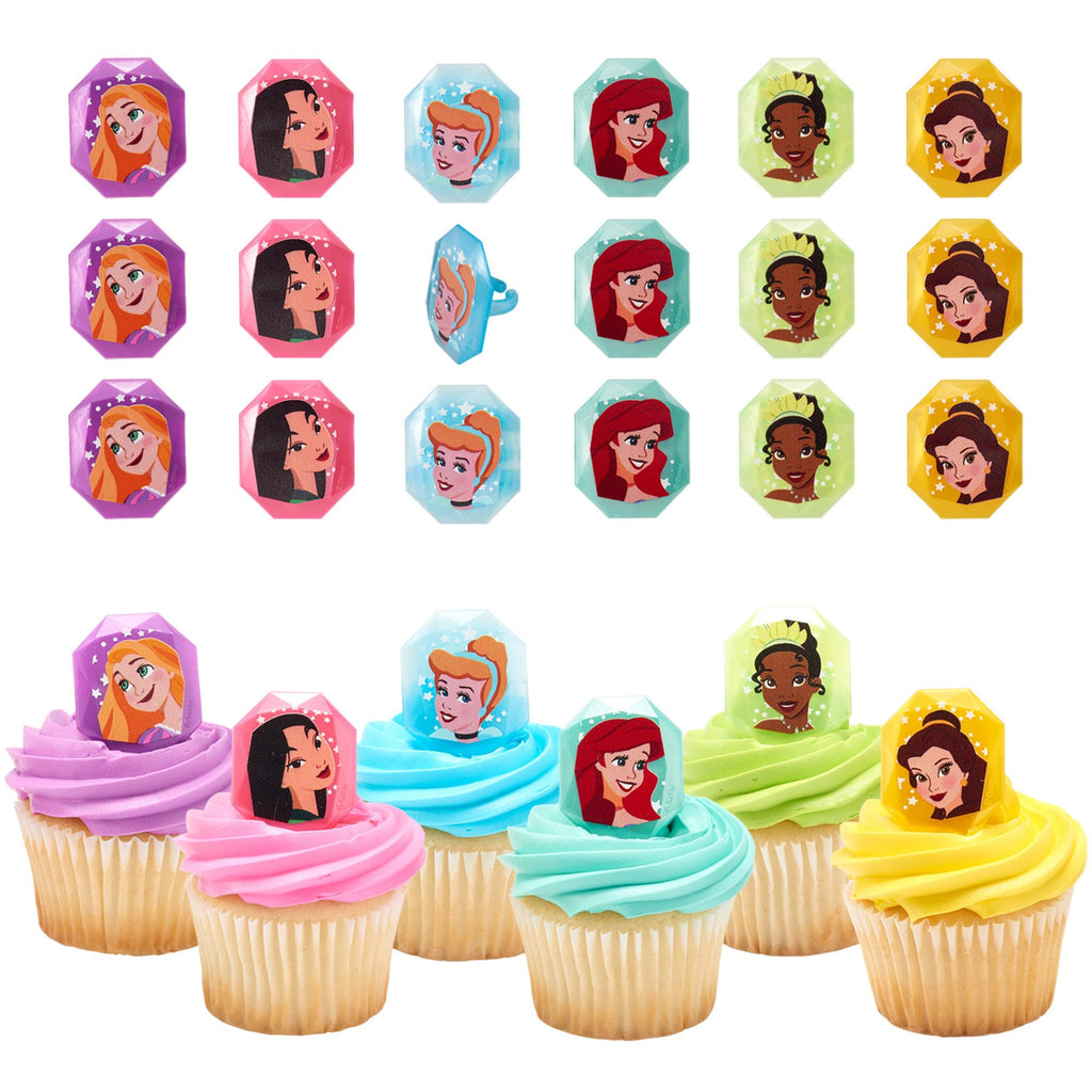 DecoPac Disney Princess Gemstone Rings - 24 Pack Cupcake Toppers with Mulan, Cinderella, Tiana, Belle, Rapunzel, Ariel