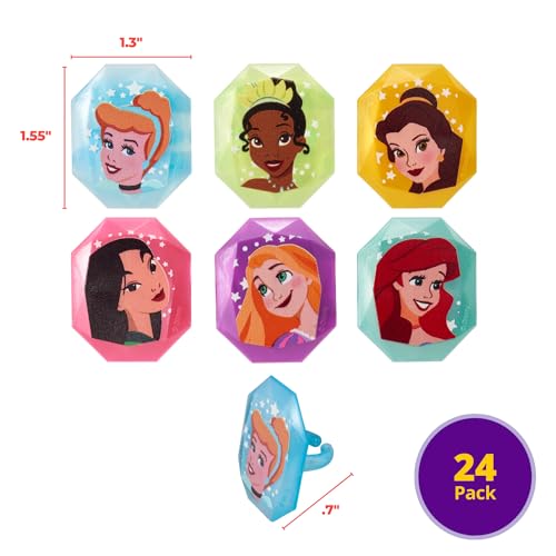 DecoPac Disney Princess Gemstone Rings - 24 Pack Cupcake Toppers with Mulan, Cinderella, Tiana, Belle, Rapunzel, Ariel