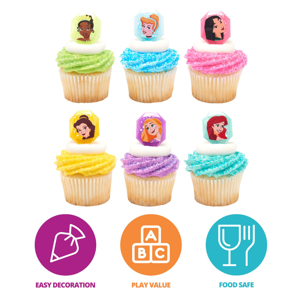 DecoPac Disney Princess Gemstone Rings - 24 Pack Cupcake Toppers with Mulan, Cinderella, Tiana, Belle, Rapunzel, Ariel