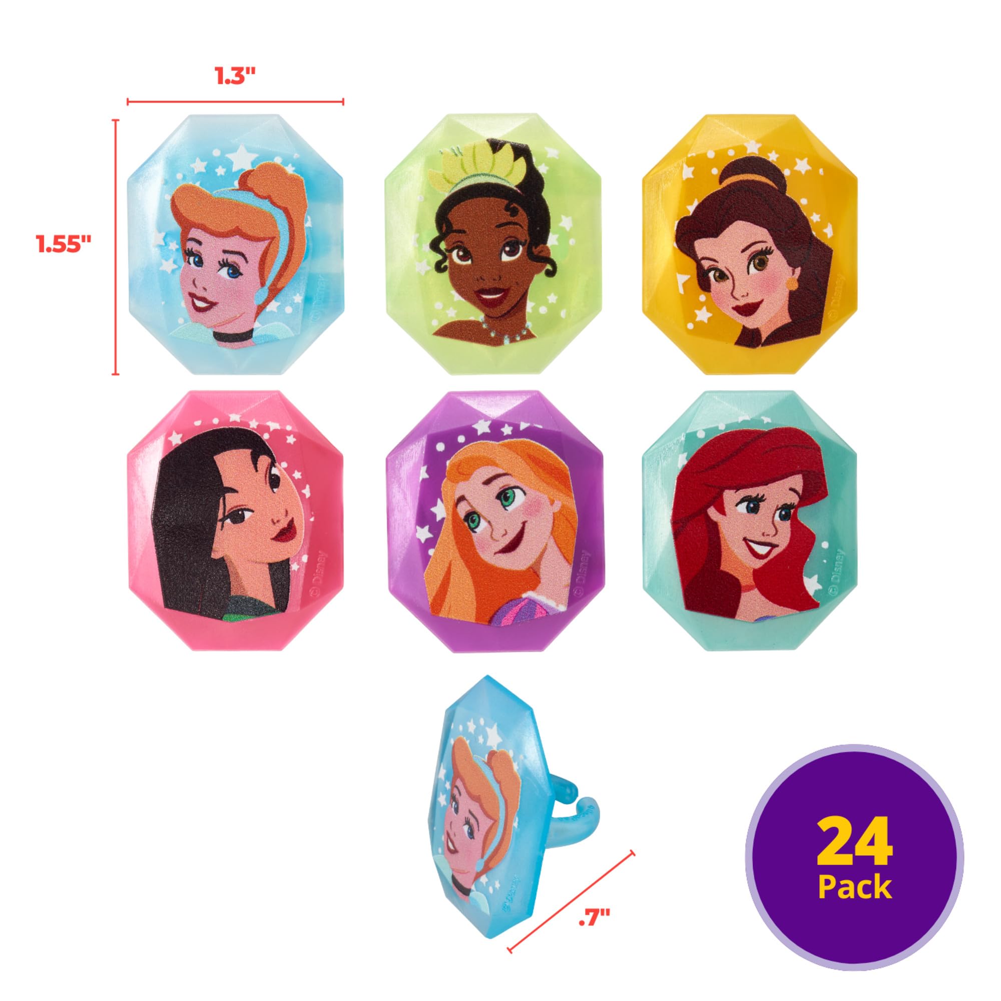 DecoPac Disney Princess Gemstone Rings - 24 Pack Cupcake Toppers with Mulan, Cinderella, Tiana, Belle, Rapunzel, Ariel