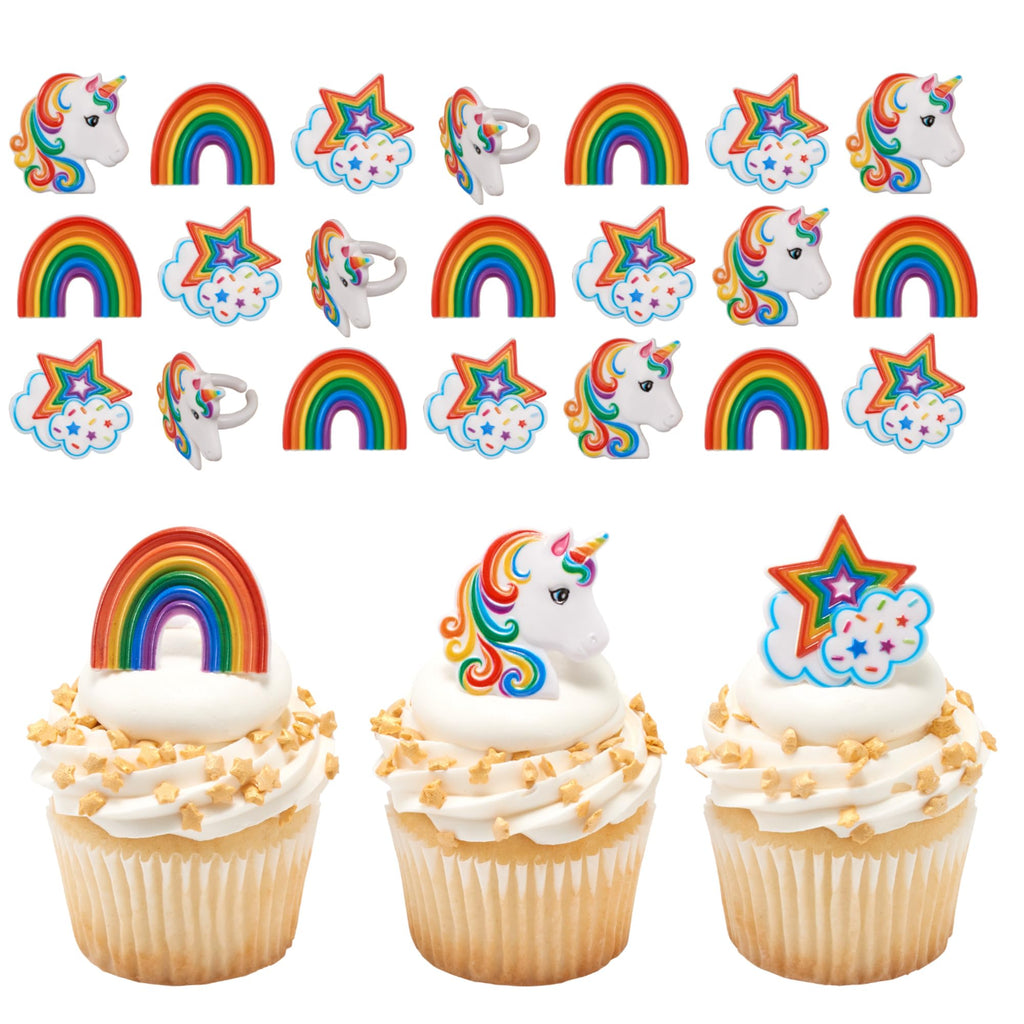 DecoPac Rainbow Unicorn Cupcake Rings – 24 Pack, Food-Safe Plastic Cake Toppers for Birthdays