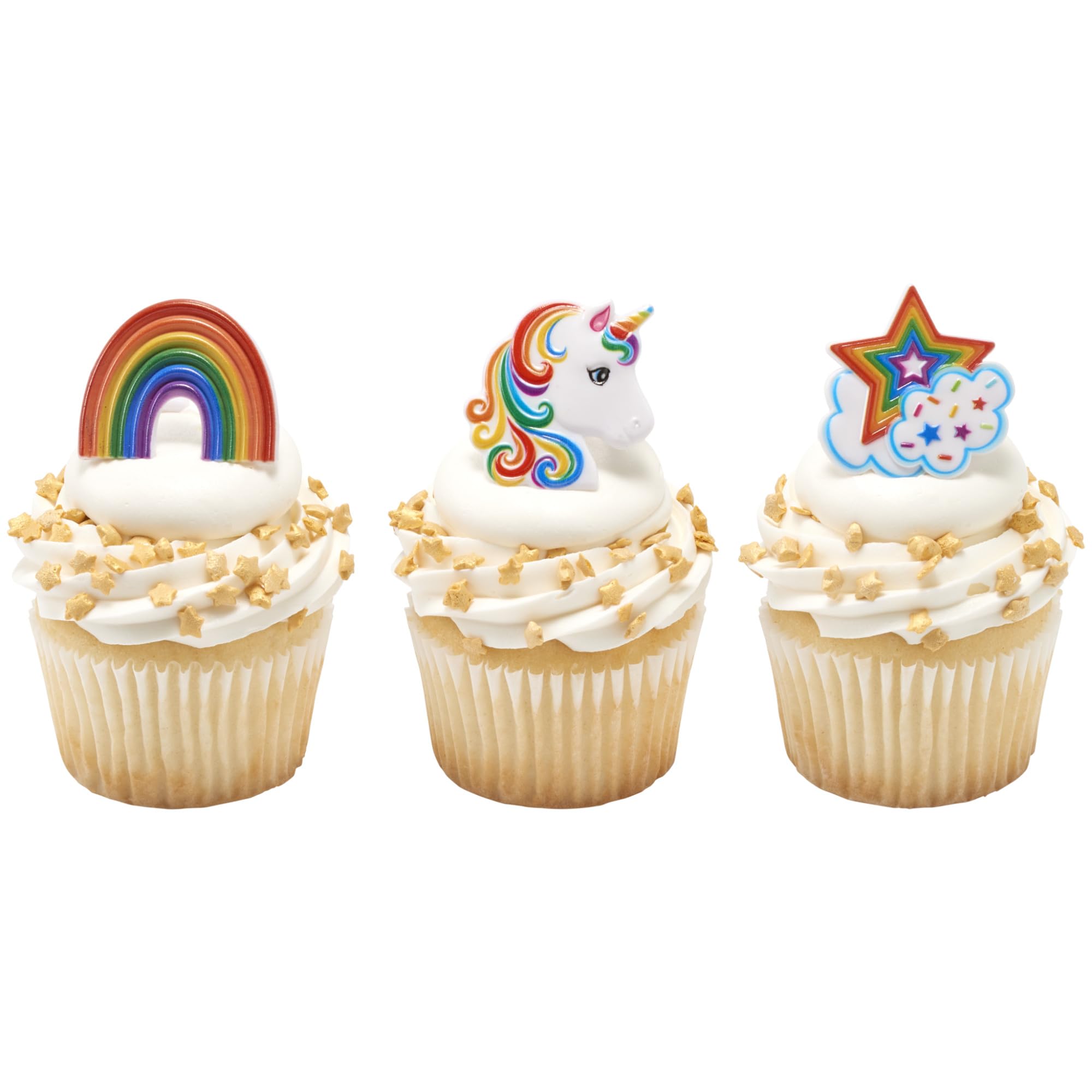 DecoPac Rainbow Unicorn Cupcake Rings – 24 Pack, Food-Safe Plastic Cake Toppers for Birthdays