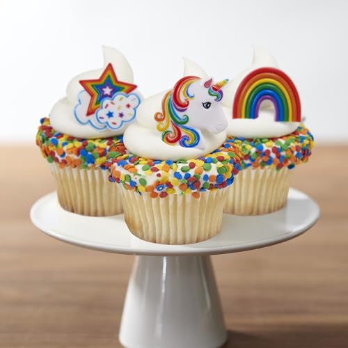 DecoPac Rainbow Unicorn Cupcake Rings – 24 Pack, Food-Safe Plastic Cake Toppers for Birthdays