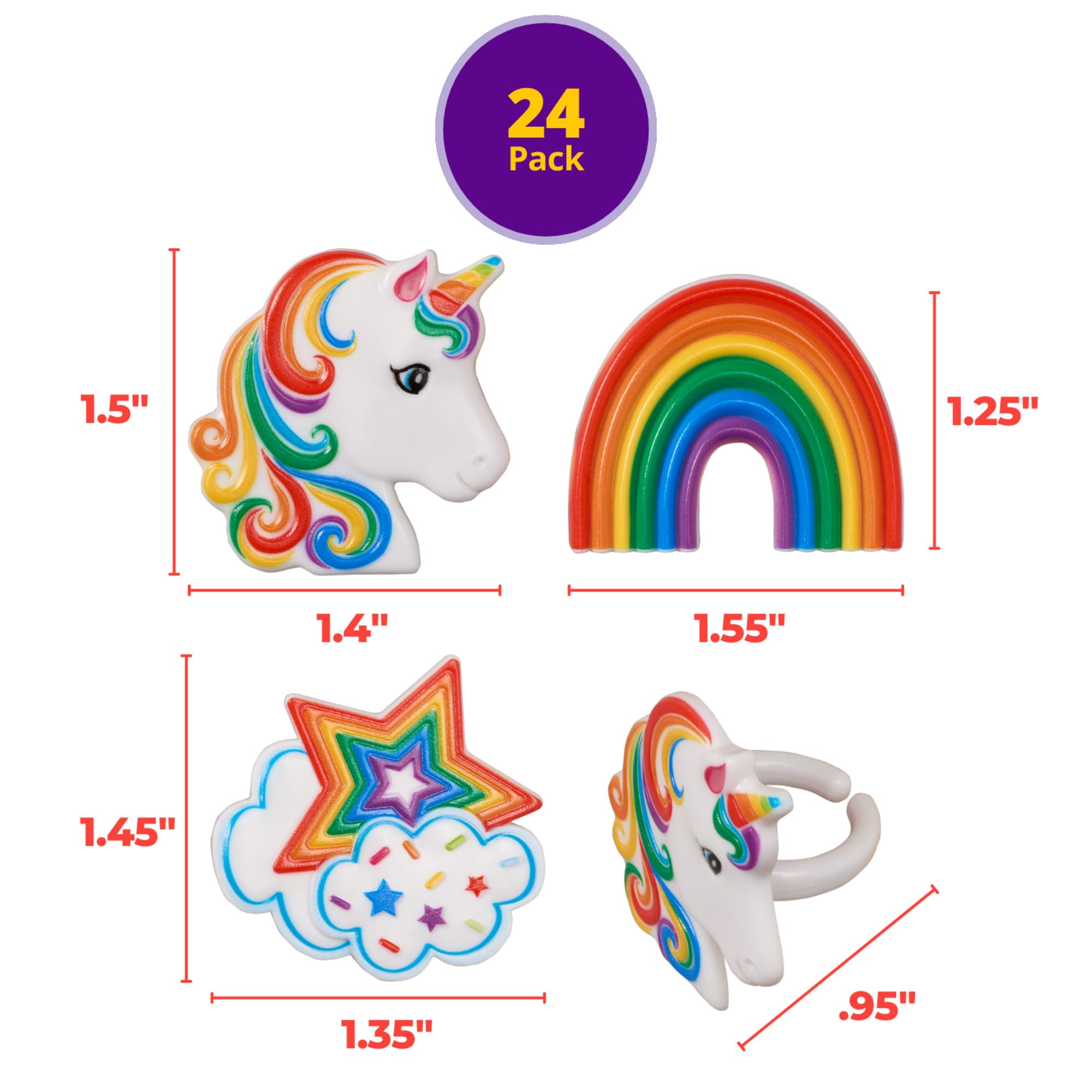 DecoPac Rainbow Unicorn Cupcake Rings – 24 Pack, Food-Safe Plastic Cake Toppers for Birthdays