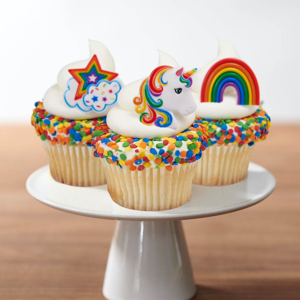 DecoPac Rainbow Unicorn Cupcake Rings – 24 Pack, Food-Safe Plastic Cake Toppers for Birthdays